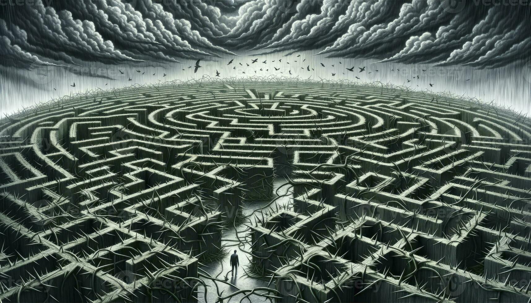 Maze made of towering thorn walls, with a person looking lost at its center and storm clouds overhead, representing the challenges and barriers encountered during depression. AI Generated photo