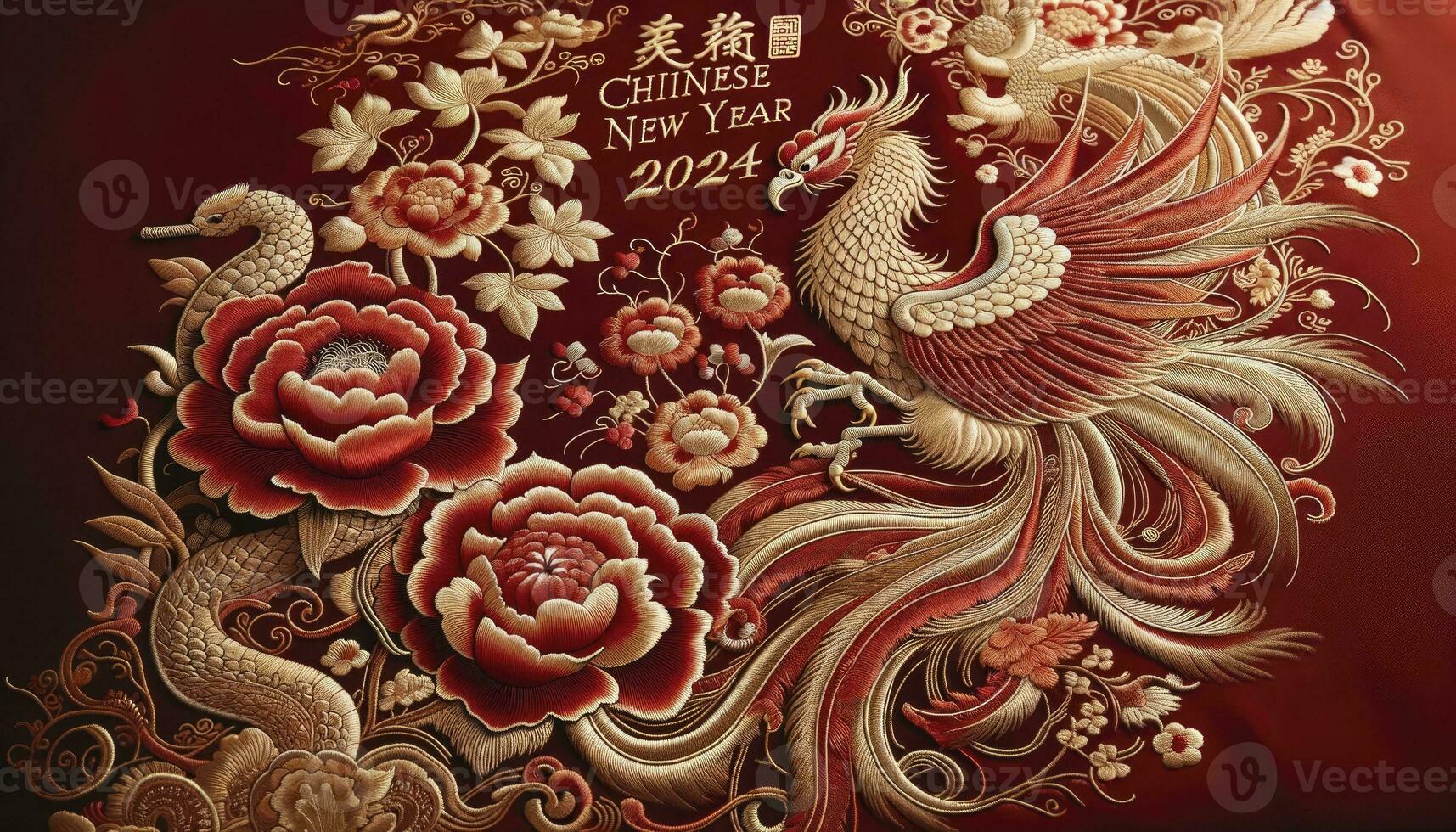 A background inspired by traditional silk paintings, featuring patterns of phoenixes, peonies, and chrysanthemums on a red silk canvas. Chinese New Year 2024. AI Generated photo