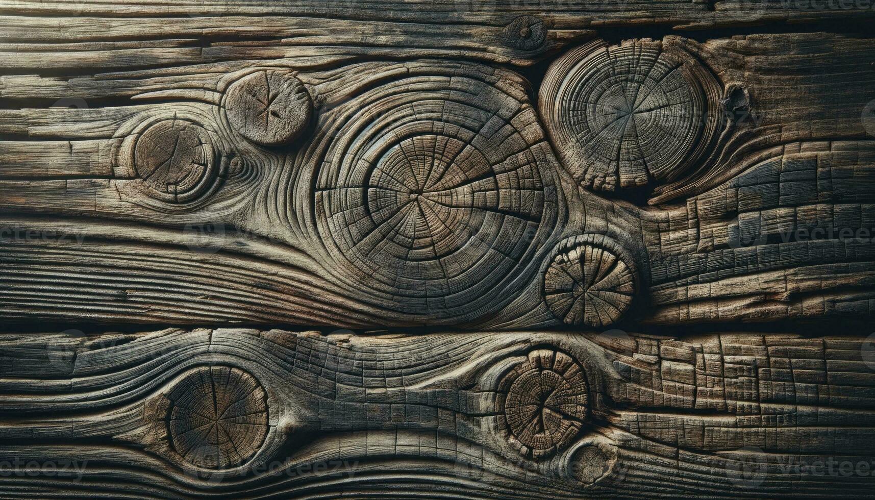 A photo showcasing a weathered wood texture with intricate grain patterns, knots, and imperfections. The faded and chipped paint adds to its rustic and vintage charm. AI Generated