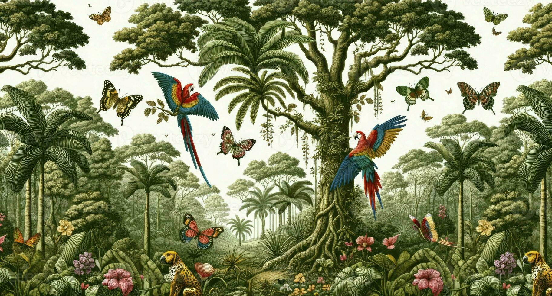 Tropical rainforest with towering trees and broad leaves. Colorful birds and intricate butterflies add to the scene's enchantment, drawing inspiration from classical botanical drawings. AI Generated photo
