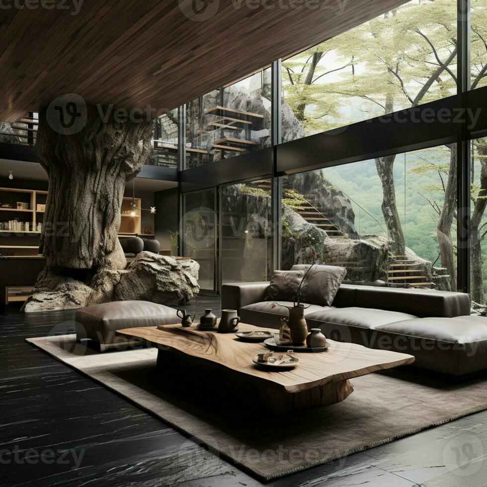 Interior Design, Living room with serene nature view, Beautiful mansion design in the forest, AI Generative photo