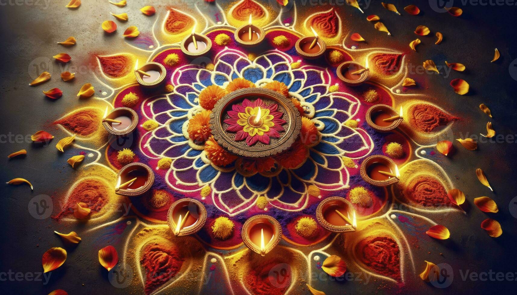 A traditional Rangoli design crafted from colored powders and flower petals, with lit diyas forming a circular pattern, encapsulating the warmth of the festival. AI Generative. photo