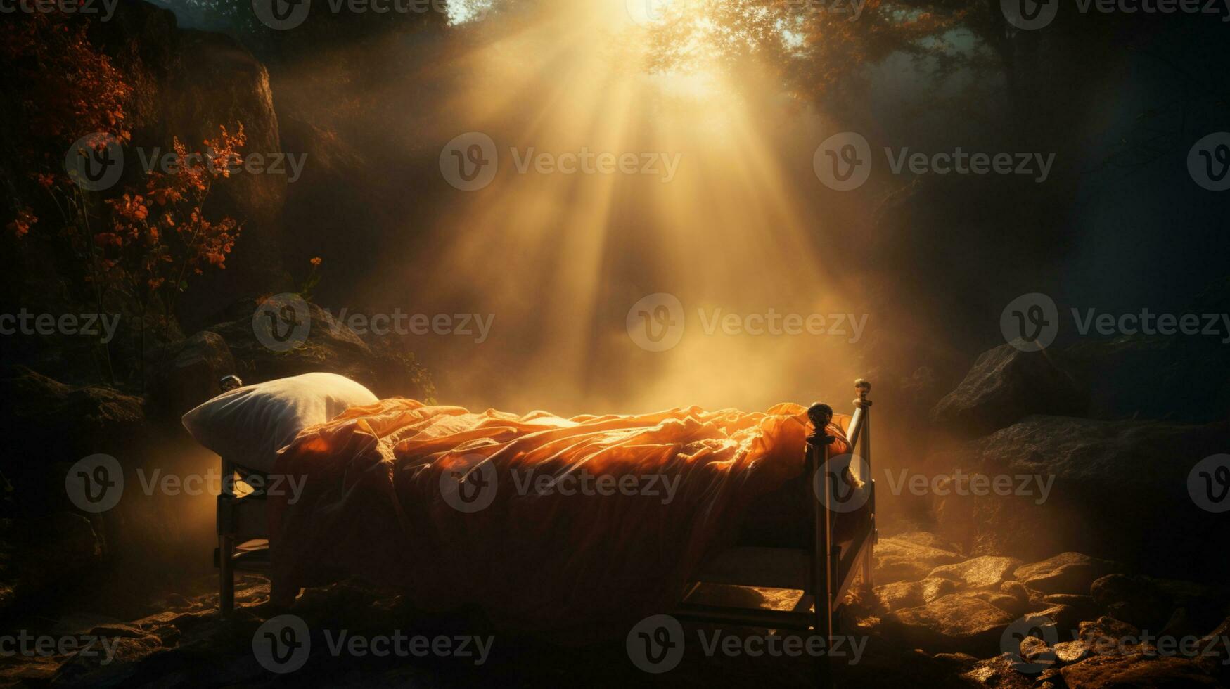 Sunlight Shining through on to a Bed, religious scenery, AI Generative photo