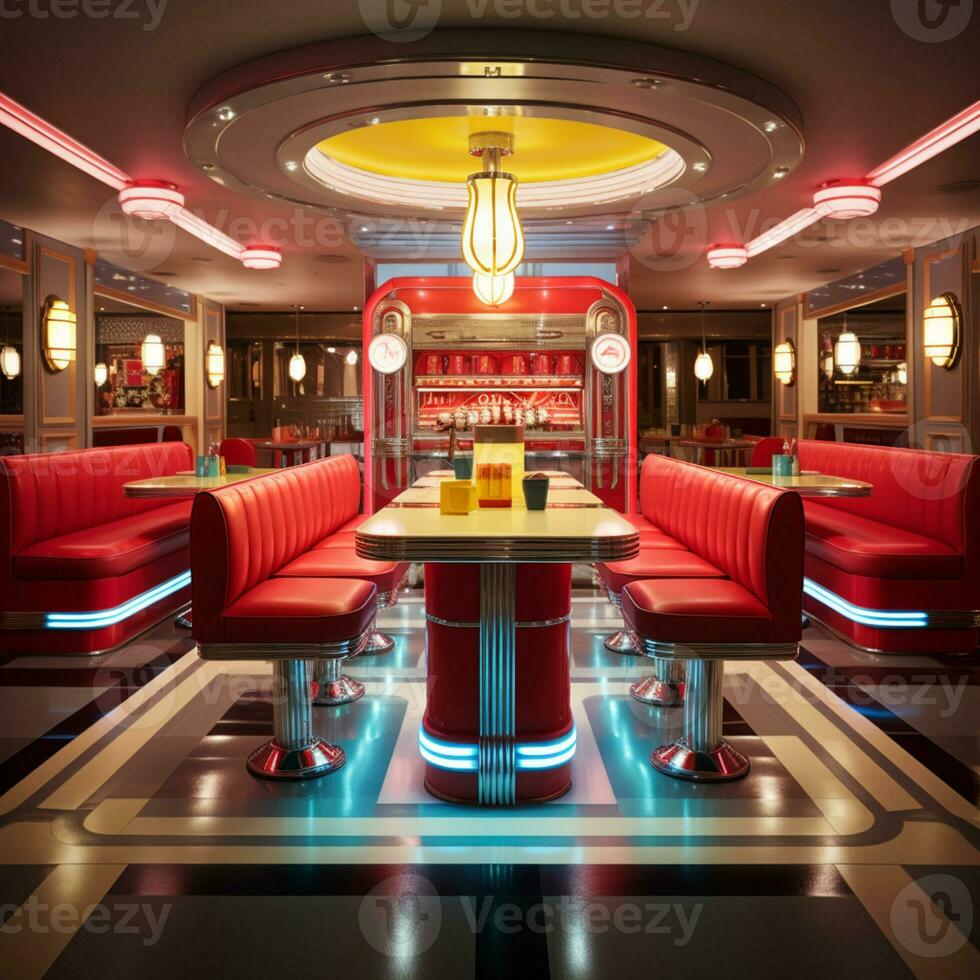 Retro vintage diner restaurant, interior design, stylish old fashioned design concept, AI Generative photo