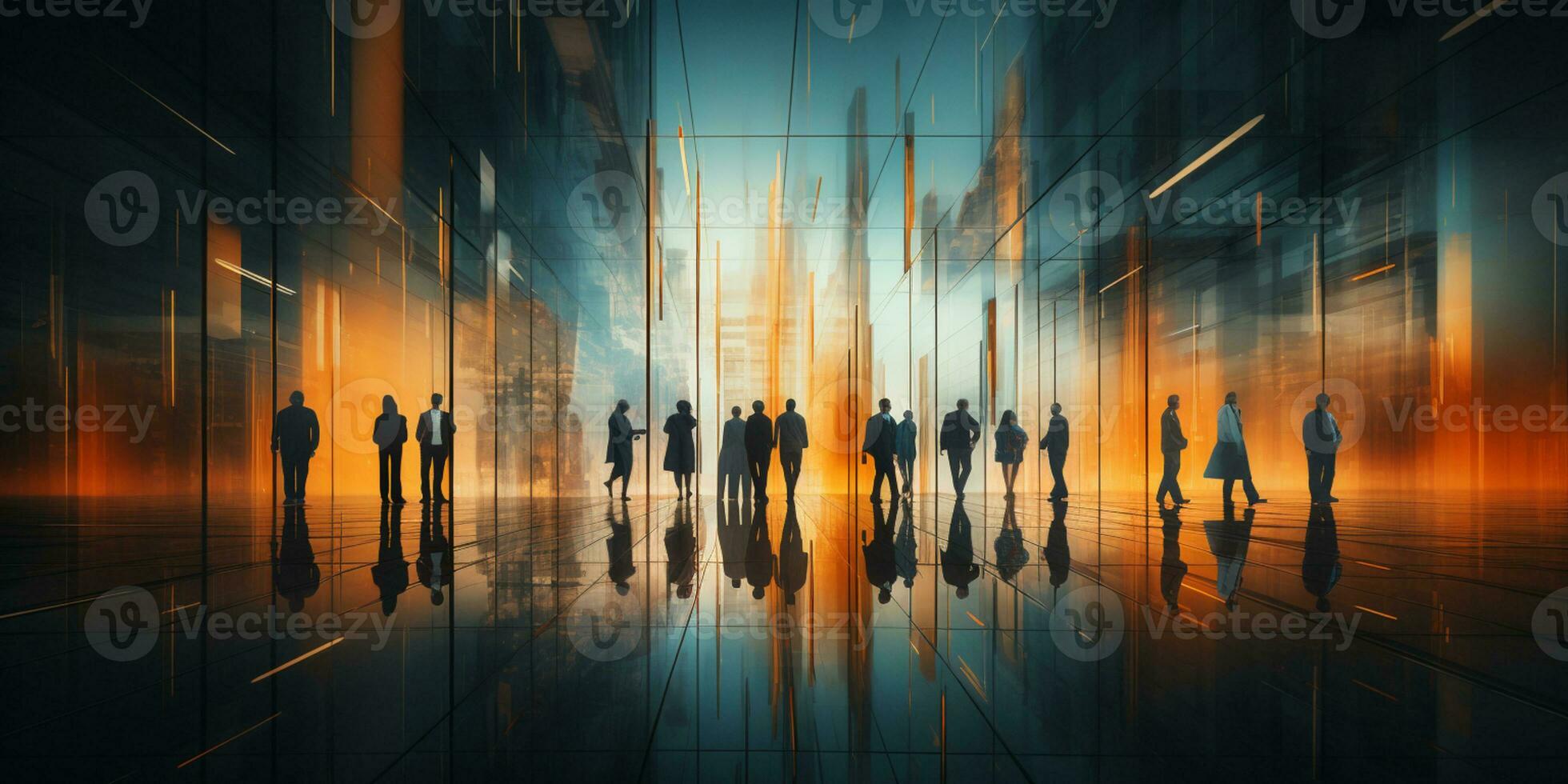 Business People walking in modern futuristic lobby, Blurred motion, AI Generative photo