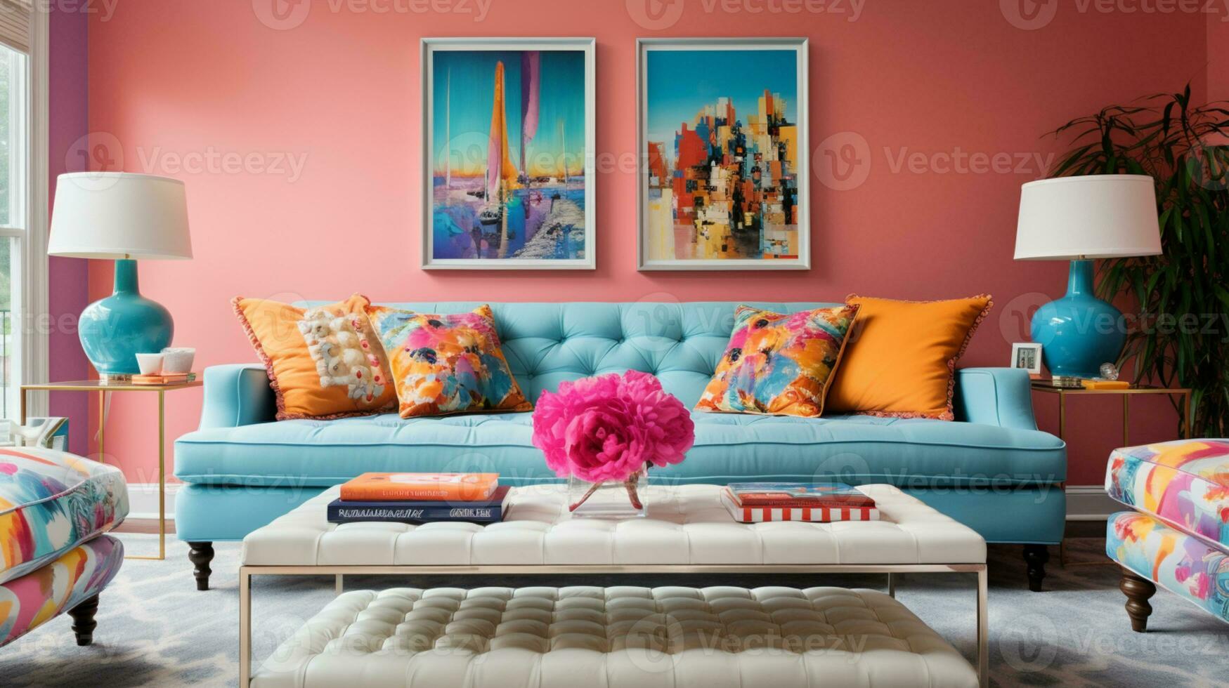 Furnished Modern Living room, bright blue and pink color palette, interior design, AI Generative photo