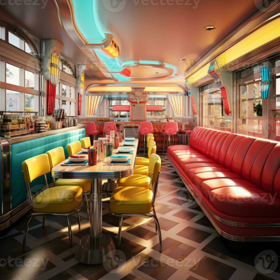 Retro vintage diner restaurant, interior design, stylish old fashioned design concept, AI Generative photo