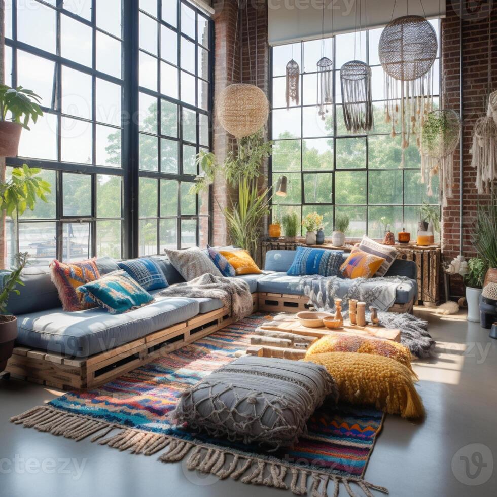 Furnished Modern Living room, bohemian inspired interior design, AI Generative photo