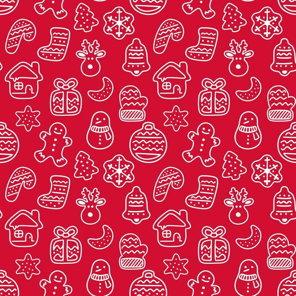 Christmas red seamless pattern with doodle elements for paper, fabric, decoration. vector