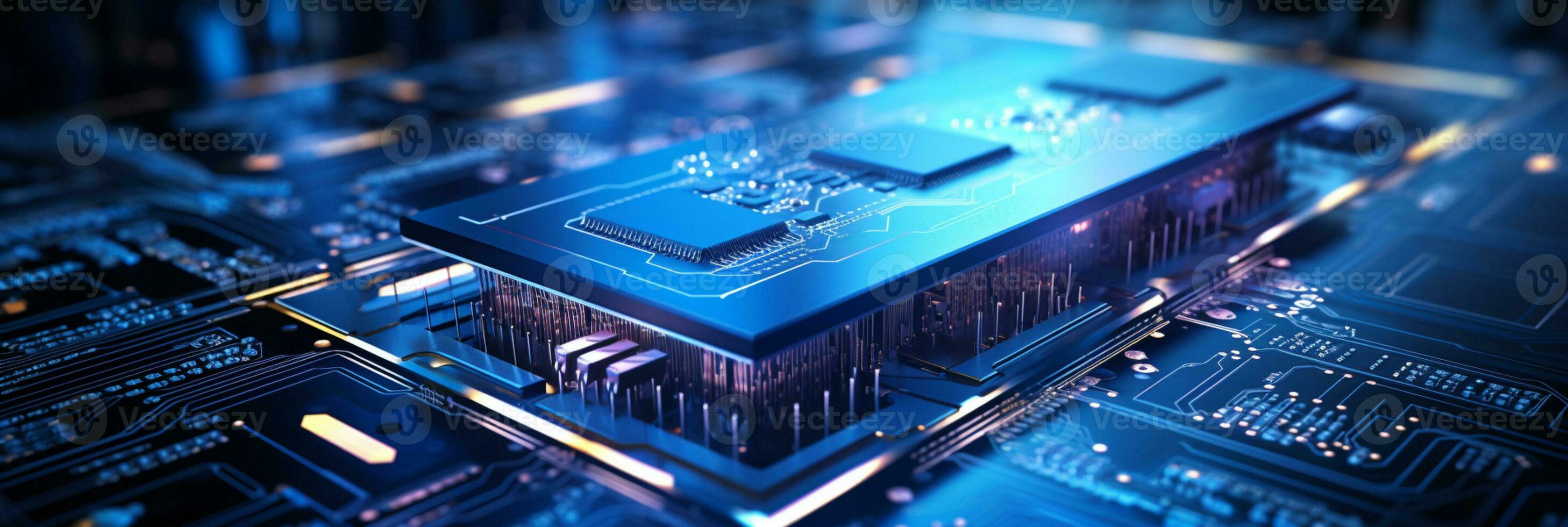 High-tech Computer chip close up shot, production of electronic, circuit board, futuristic design, extreme detail, AI Generative photo