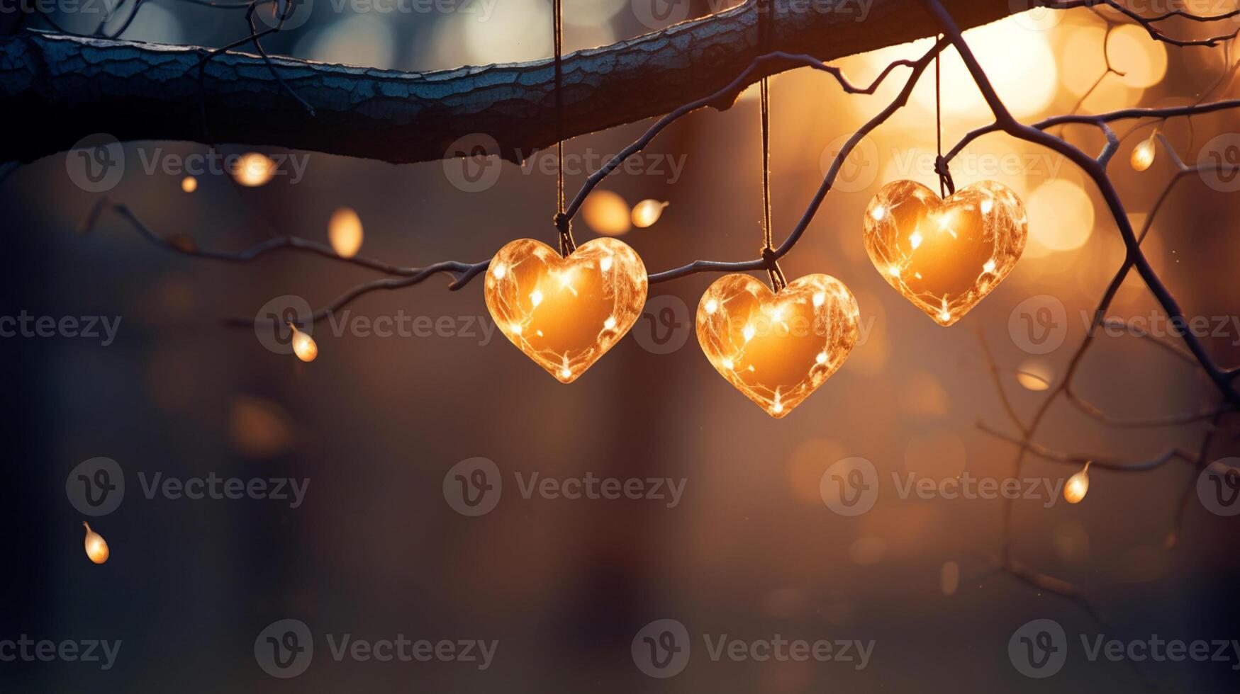 Sparkle Glowing Heart reflected lights, orange and gold, captivating visual, Romantic scenery, dreamy, copy space, greeting card, AI Generative photo