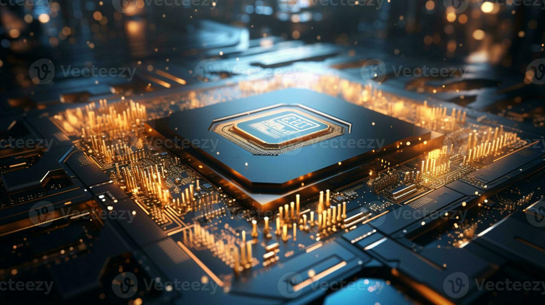 High-tech Computer chip close up shot, production of electronic, circuit board, futuristic design, extreme detail, AI Generative photo