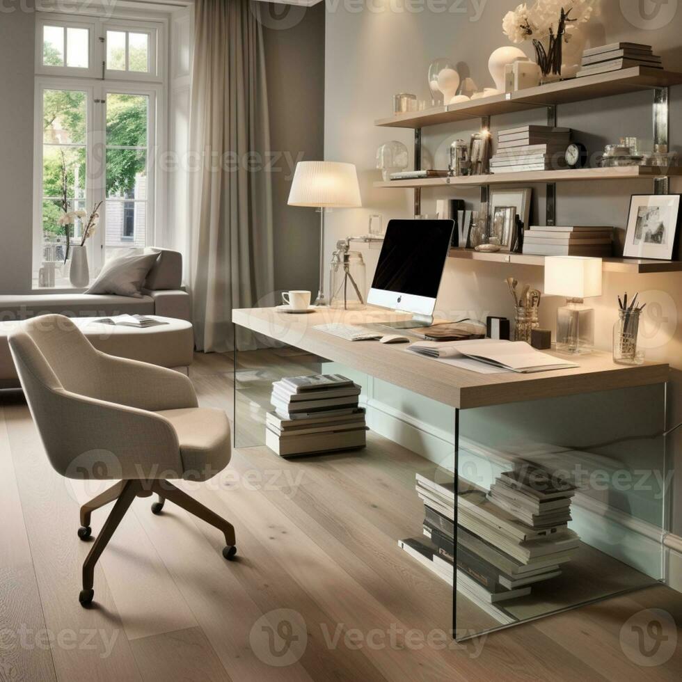 Contemporary furnished home office, comfortable office, workspace with desk and chair, stylish interior design, AI Generative photo