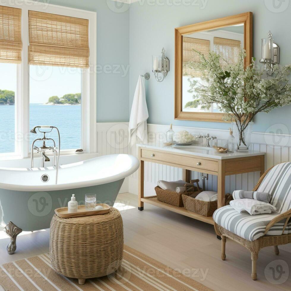 Bathroom in blue and white color, inspired beach design, AI Generative photo