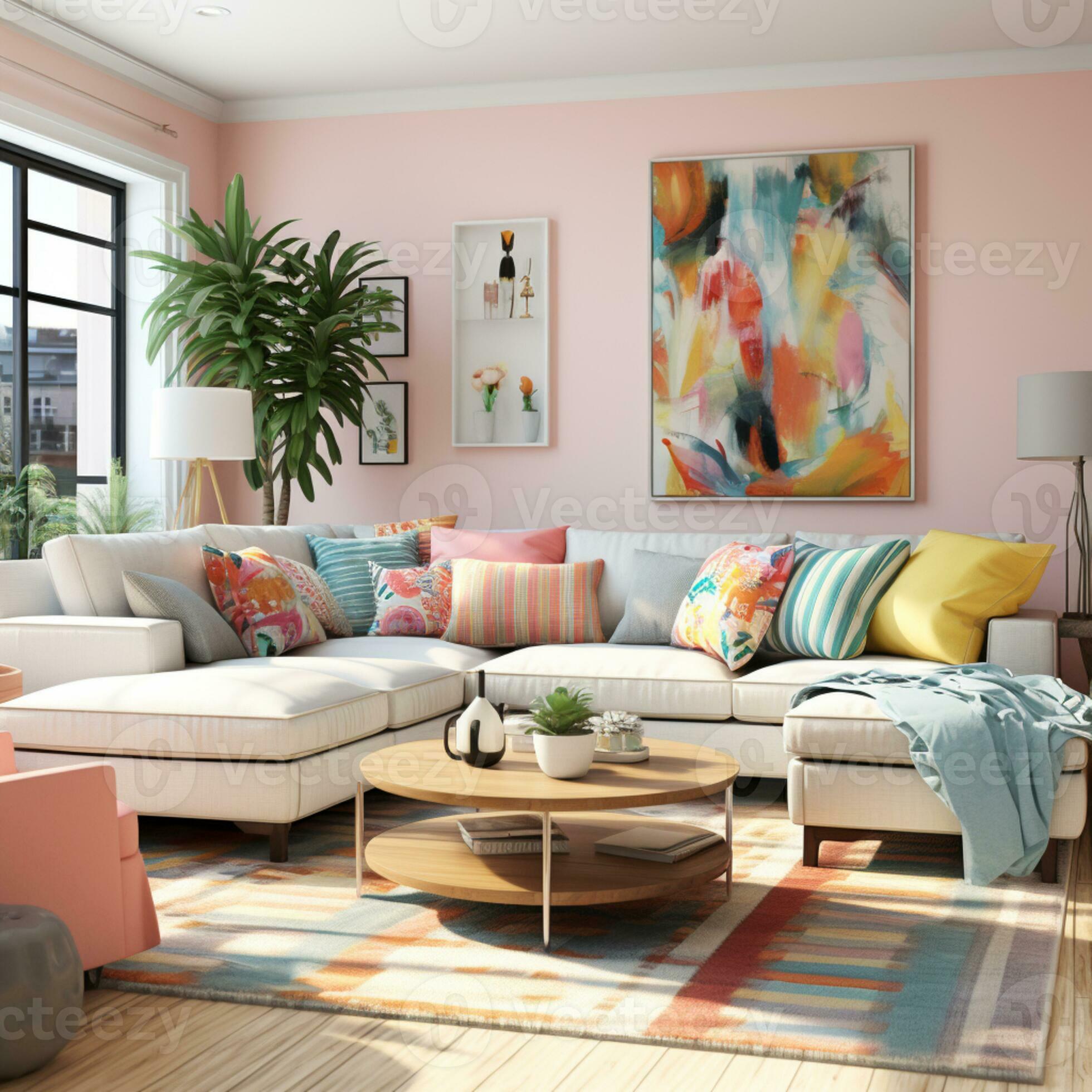 Furnished Modern Living room, bright blue and pink color palette, interior design, AI Generative
