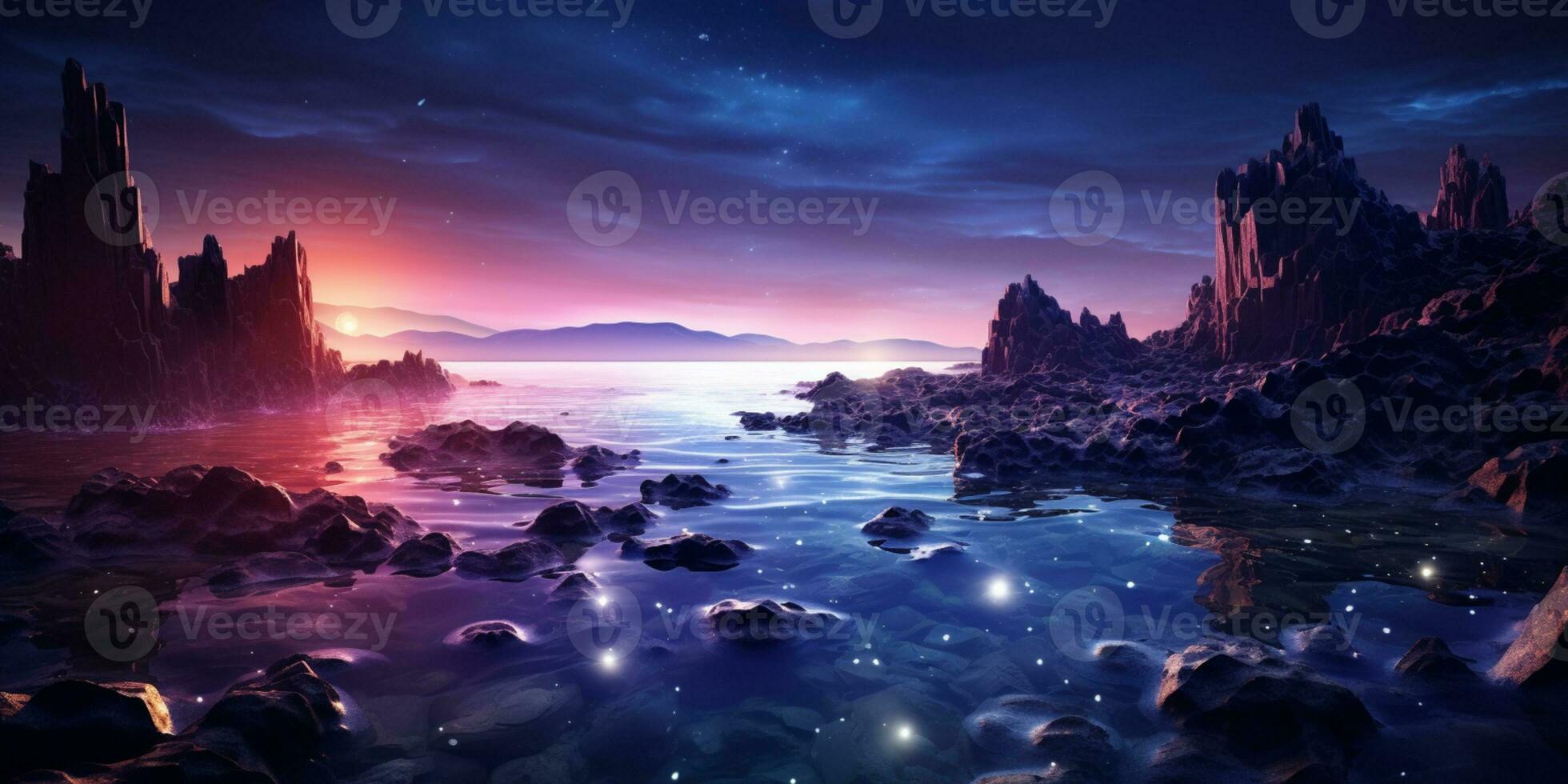 Fantasy seascape, Night view of the ocean, glowing sea, Beautifully starry night sky, dreamy atmosphere, AI Generative photo