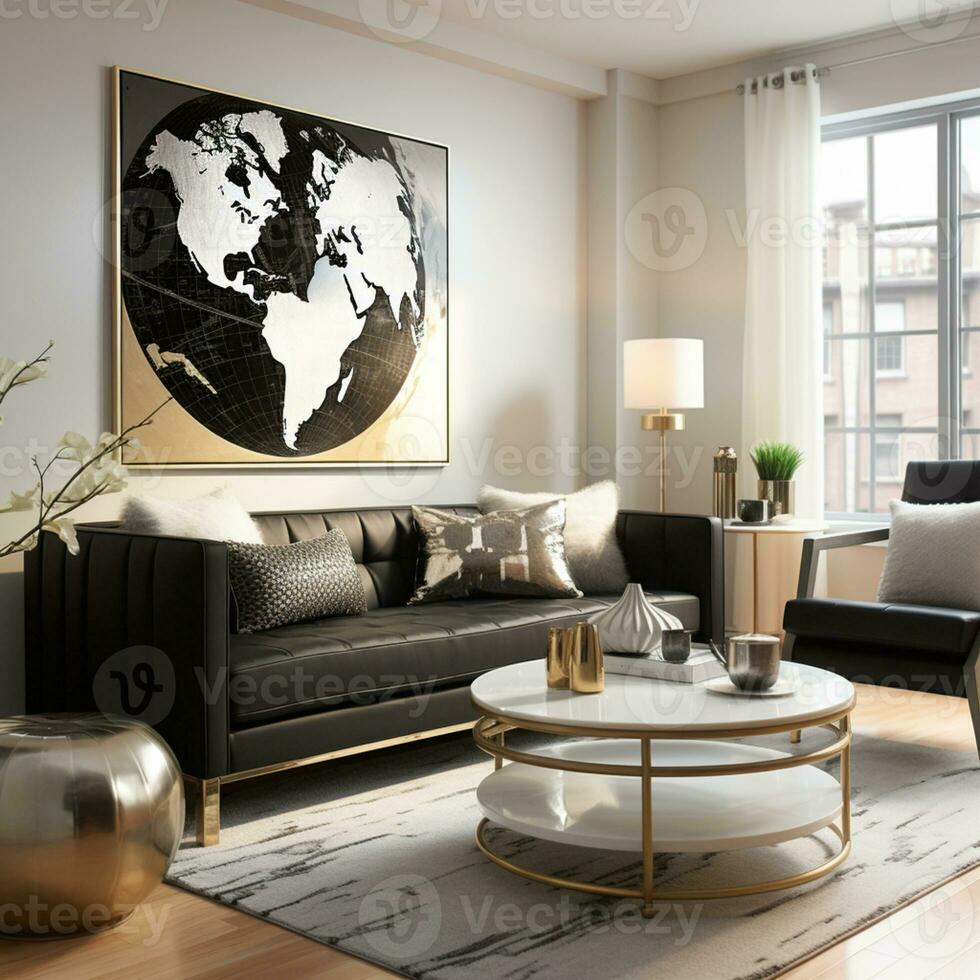 Luxurious furnished Living room, spacious cozy sofa, black and white monochrome palette, elegant interior design, AI Generative photo