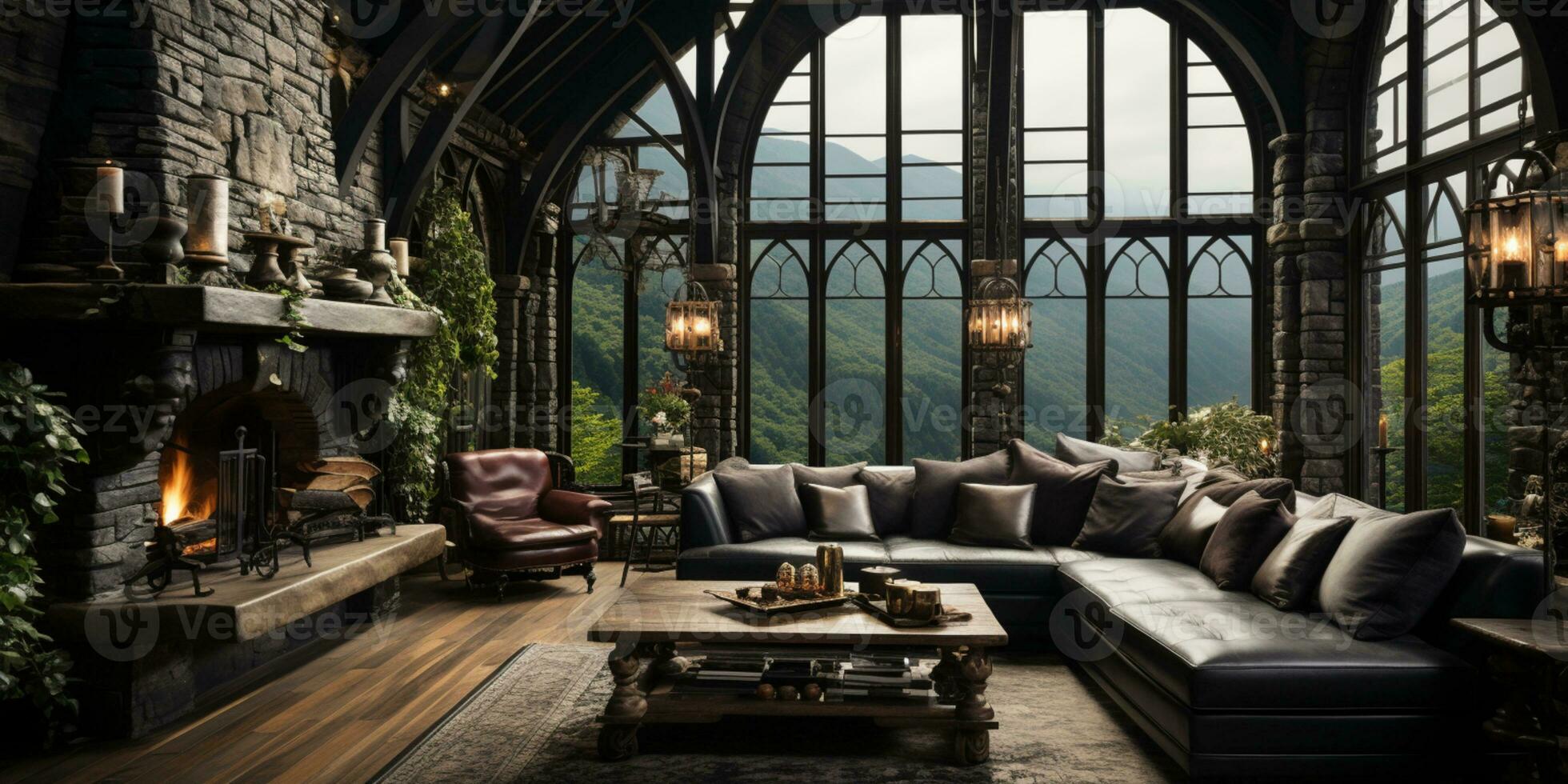 Interior Design, Beautiful Living room Gothic Style, Luxury Mansion, Elegant tall window, AI Generative photo