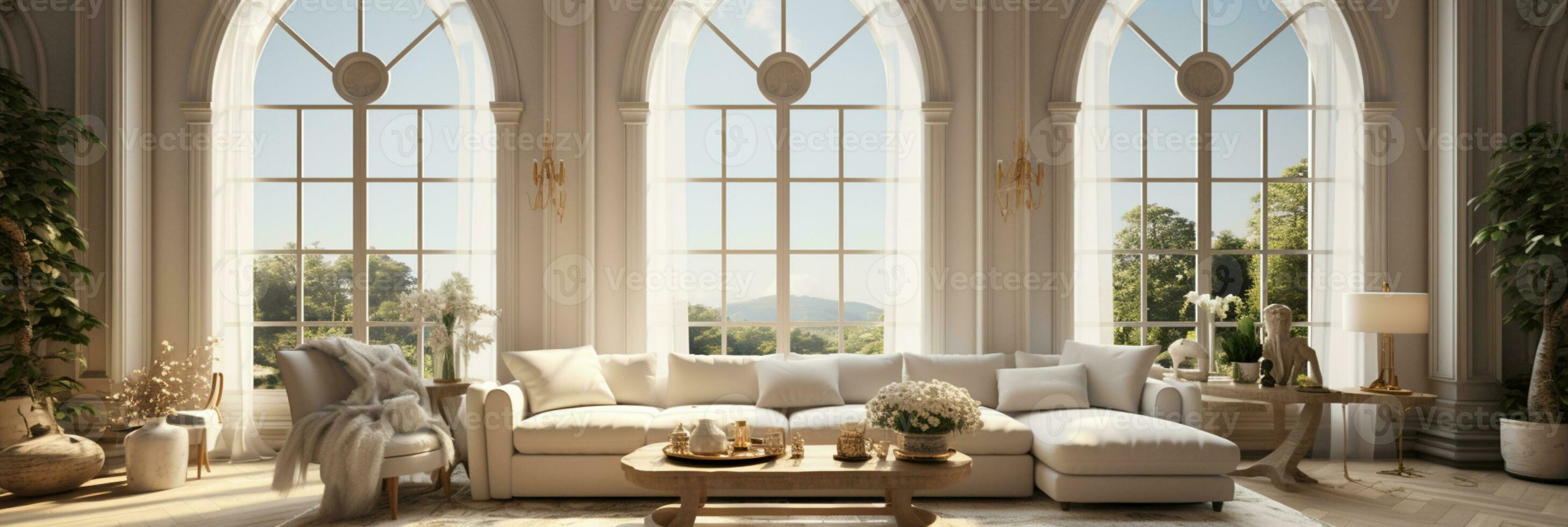 Interior Design Luxurious modern Living room, minimal tall window, Cozy sofa, serene nature scenery, Elegant villa, AI Generative photo