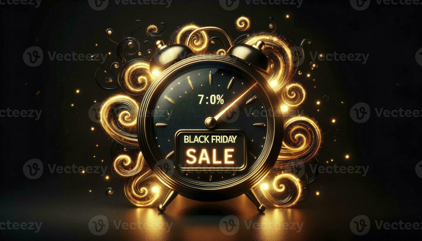 A digital countdown timer against a dark background, showing the time left for Black Friday Sale. Surrounding the timer are swirling golden lights and the word SALE in flaming letters.  AI Generated photo