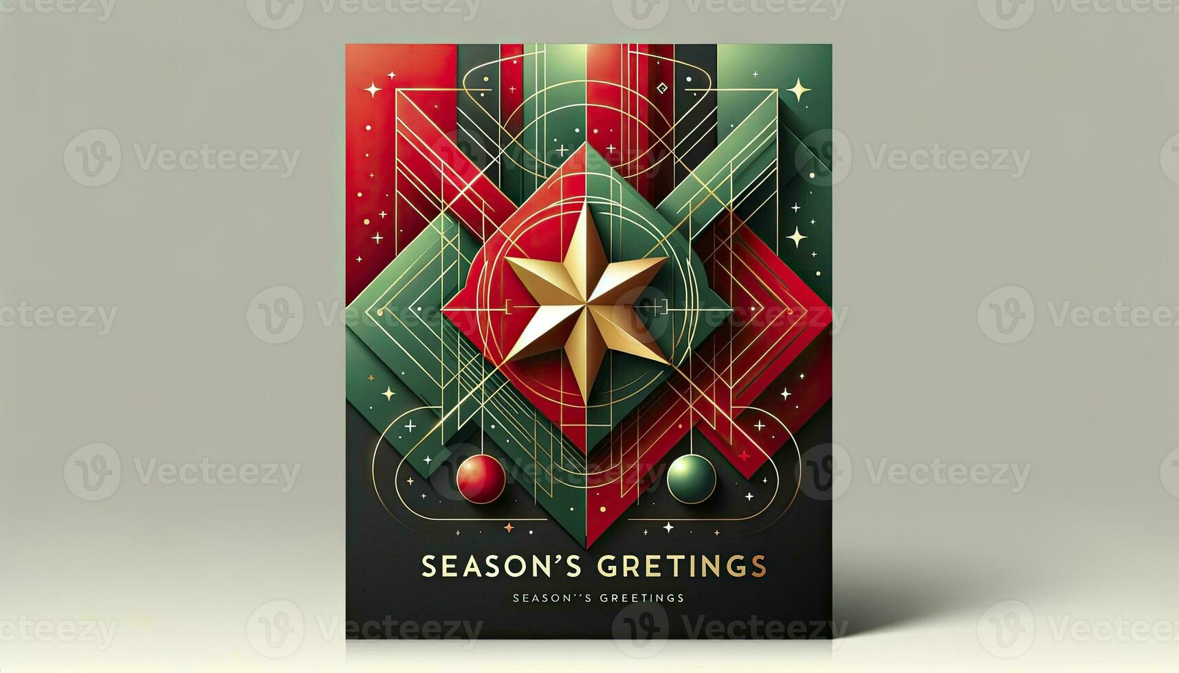 A modern Christmas banner with abstract geometric shapes in traditional red and green colors. A central golden star is highlighted, accompanied by the message Season's Greetings. AI Generated photo