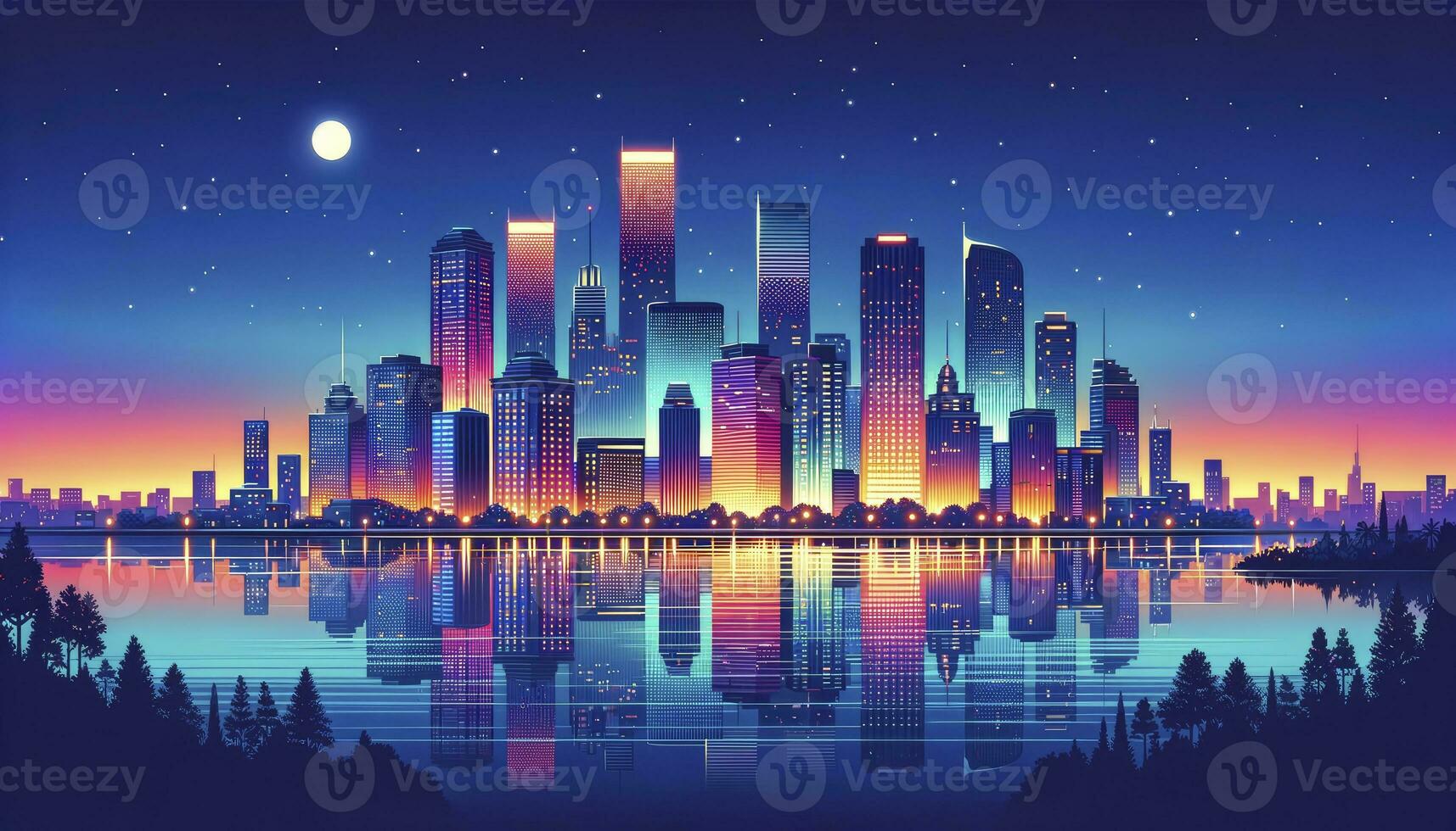 un vibrante ciudad horizonte a oscuridad. moderno rascacielos, iluminado por neón luces, emitir su reflexiones en el tranquilo río abajo. ai generado foto