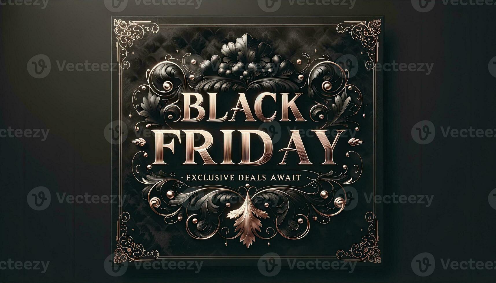 Black Friday banner. Exclusive Deals Await is highlighted in a classy rose gold font. The edges of the banner have a thin gold filigree border, adding to its regal appearance. AI Generated photo