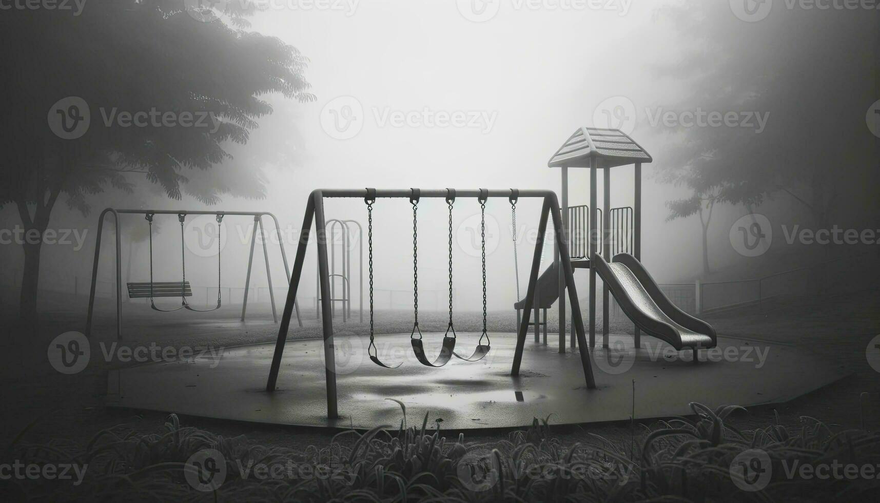 A photograph showcasing an empty playground on a foggy morning, representing the feelings of loneliness and emptiness associated with depression. AI Generated photo