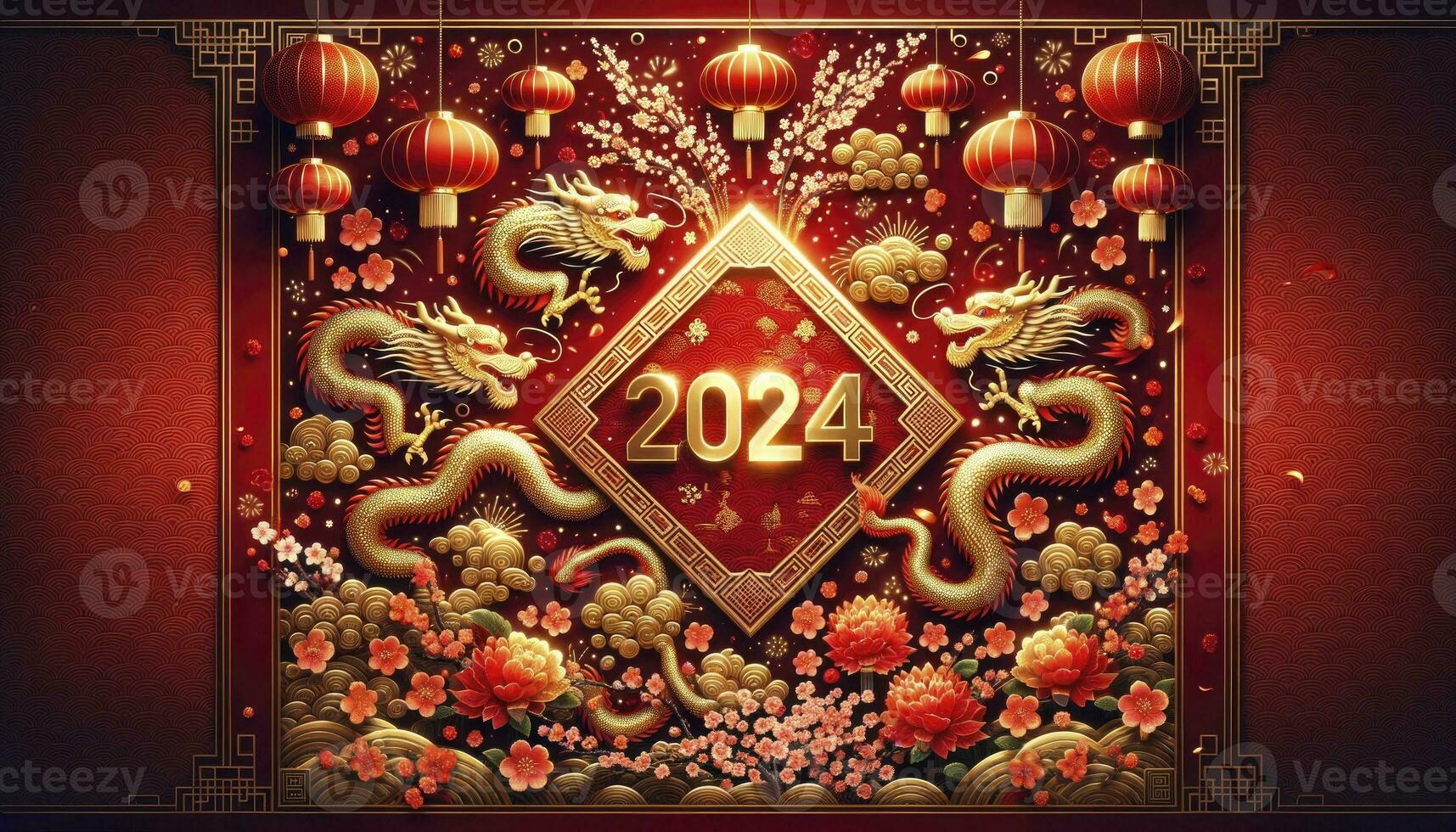 Chinese New Year 2024 background is dominated by a rich red hue with gold patterns, centered around the number '2024' and cherry blossoms. AI Generative. photo