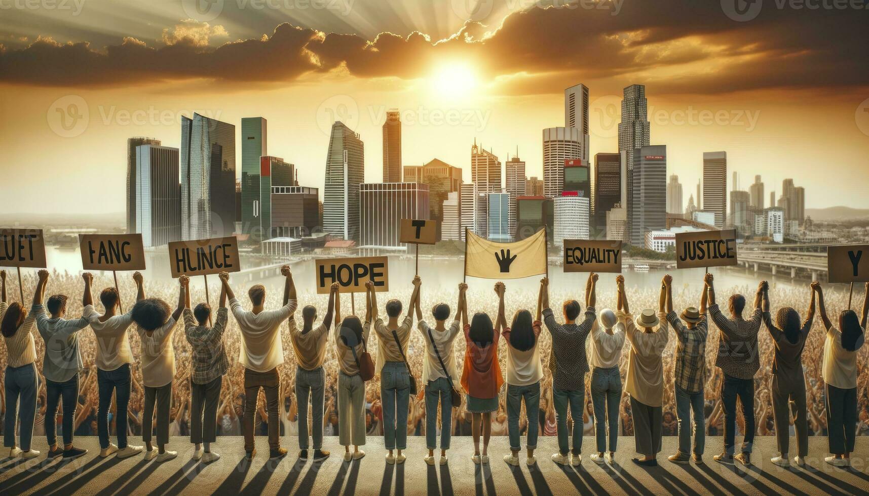 A showcases a diverse group of people united in a city setting, holding hands and raising banners for human rights. The setting sun casts a hopeful golden glow over the scene. AI Generative. photo