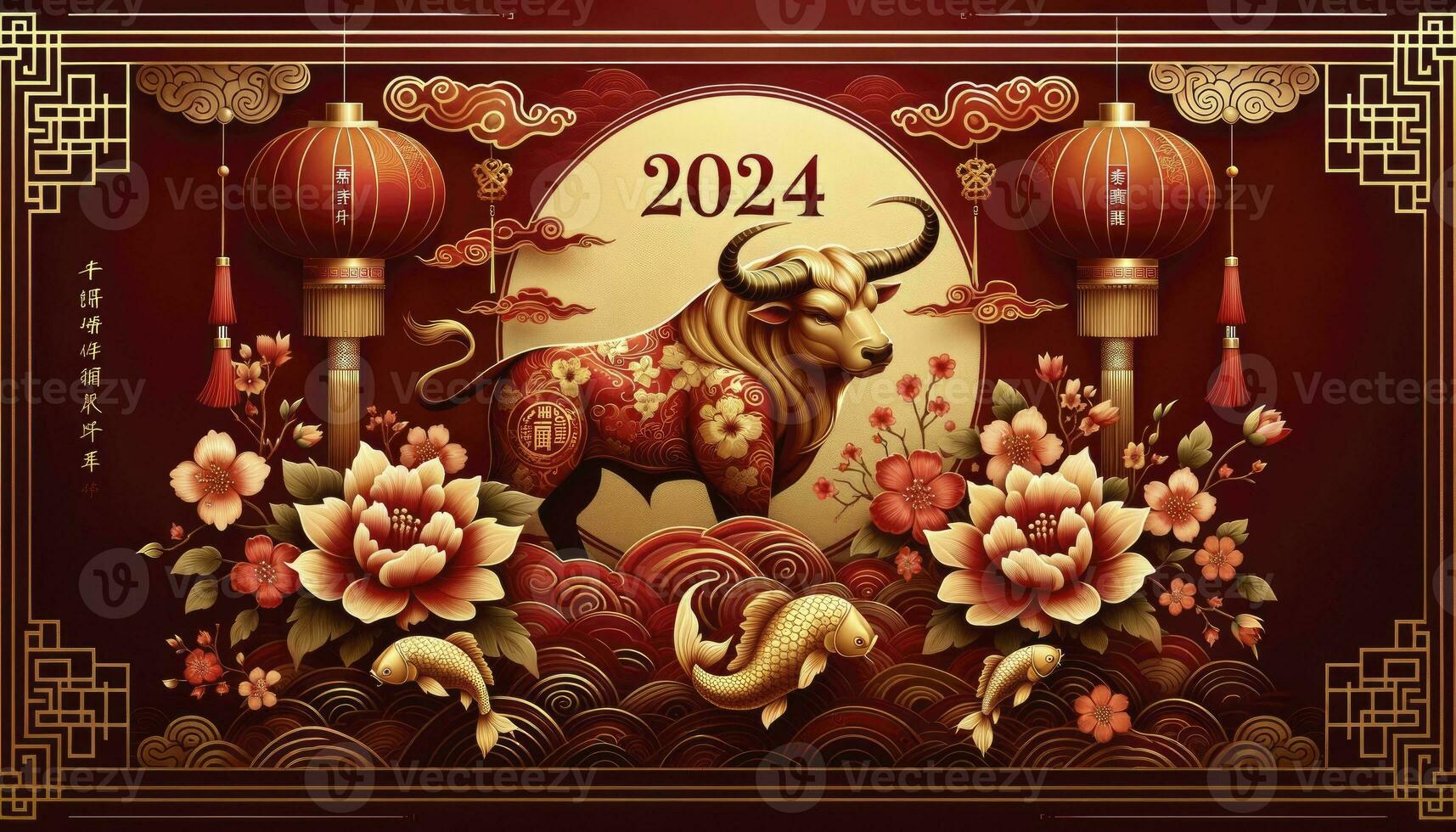 An elegant with deep red and gold gradients, featuring traditional elements and a majestic golden ox, representing the zodiac of the year, with the '2024' prominently displayed. AI Generative. photo