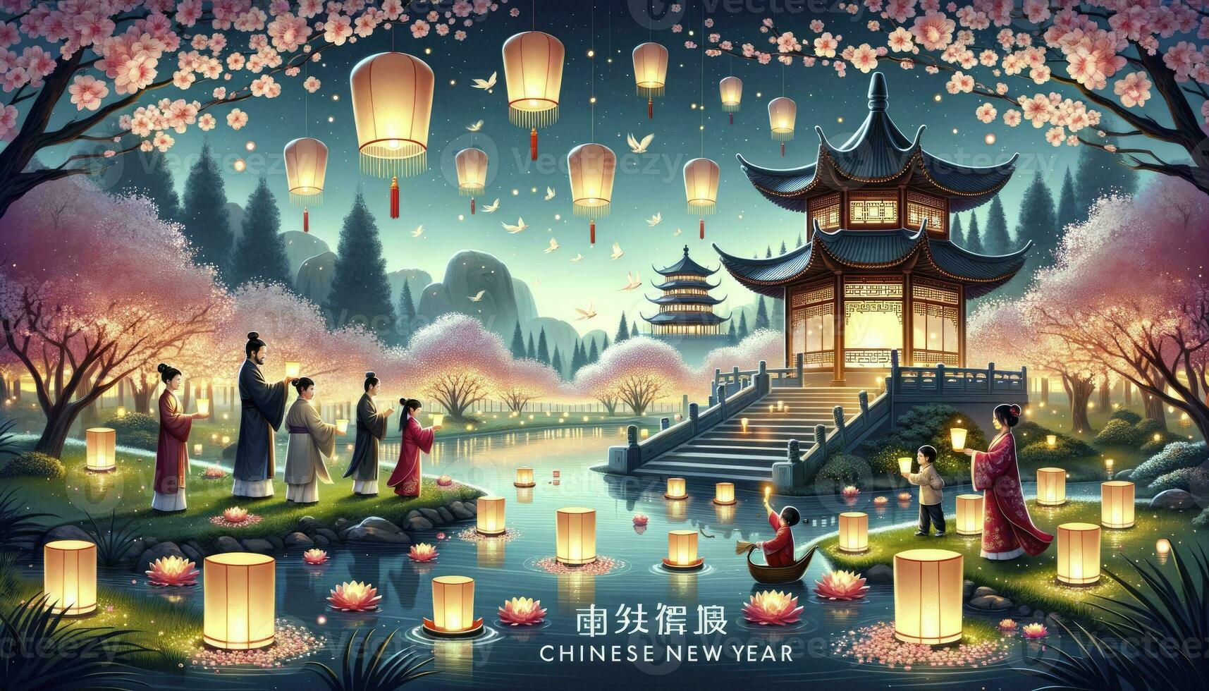 A peaceful Chinese garden scene during the evening, illuminated by lanterns. Families gather around a pond with floating candles, and a pagoda stands majestically in the background. AI Generative. photo