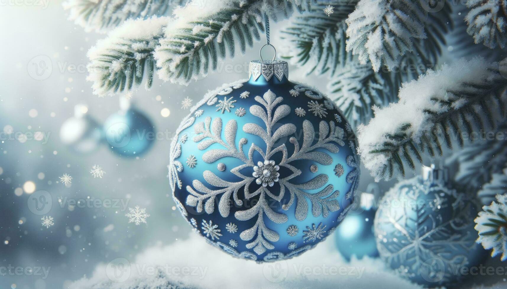 A vibrant blue Christmas bauble with silver snowflake patterns, hanging from a frosted tree branch against a snowy backdrop. AI Generated photo