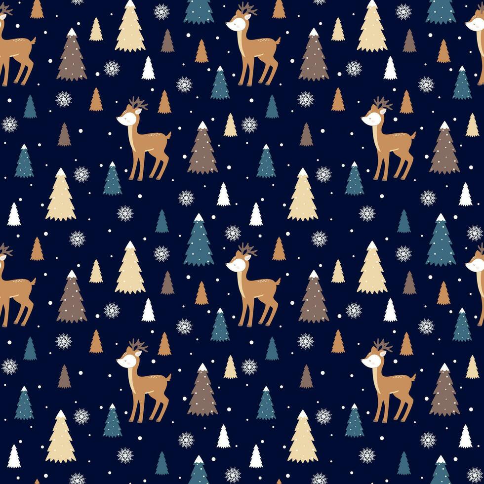 Seamless pattern with cute deer with christmas tree. Deer, fir-tree and snowflakes. vector