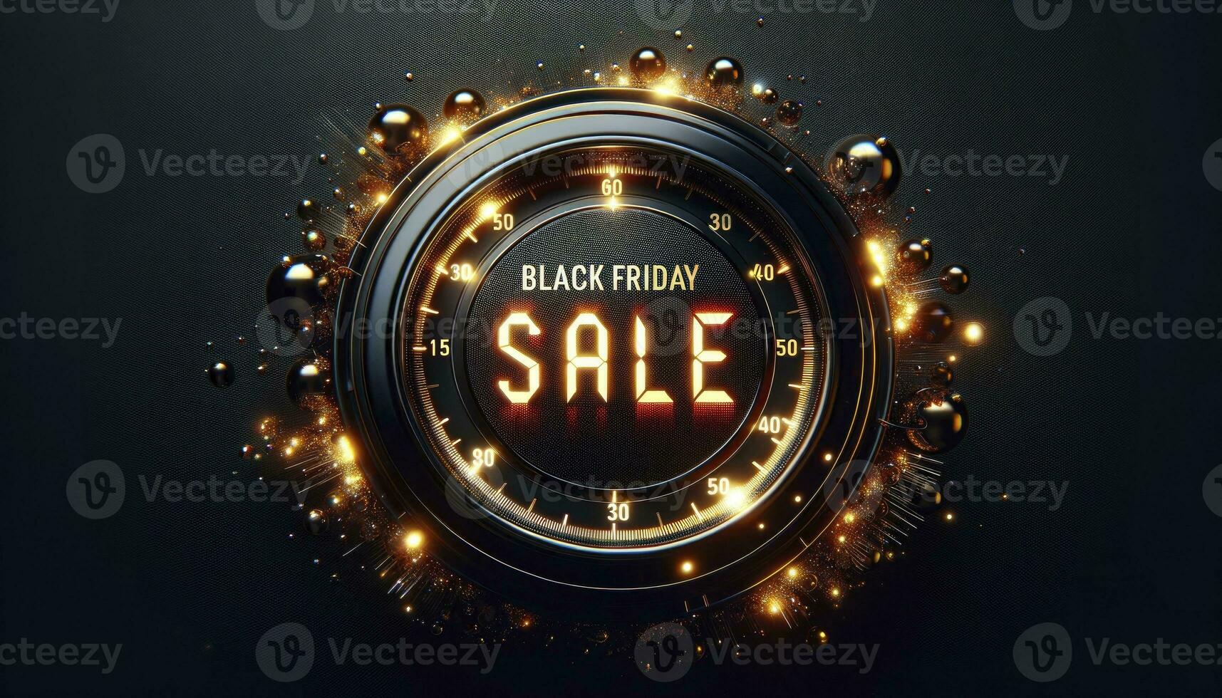 An ultra-modern timer surrounded by golden glimmers, with the word Black Friday Sale radiating in a fiery manner.  AI Generated photo