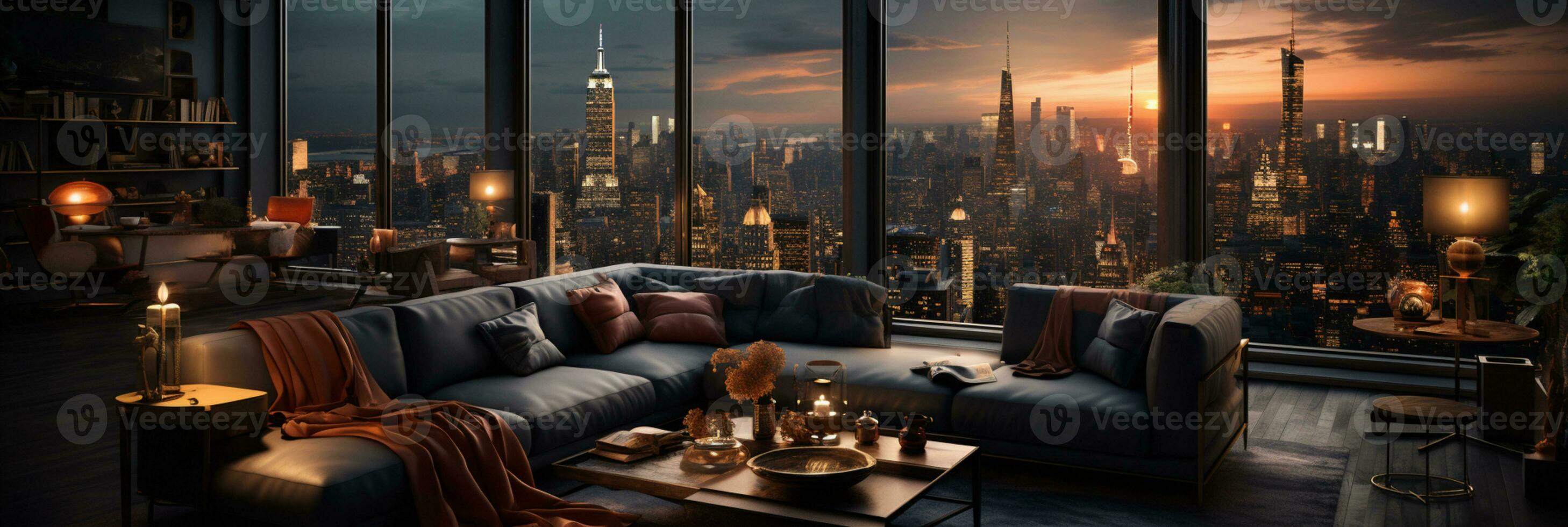 Interior Design modern Living room, windows show stunning view of the city skyline, Empty room apartment, AI Generative photo