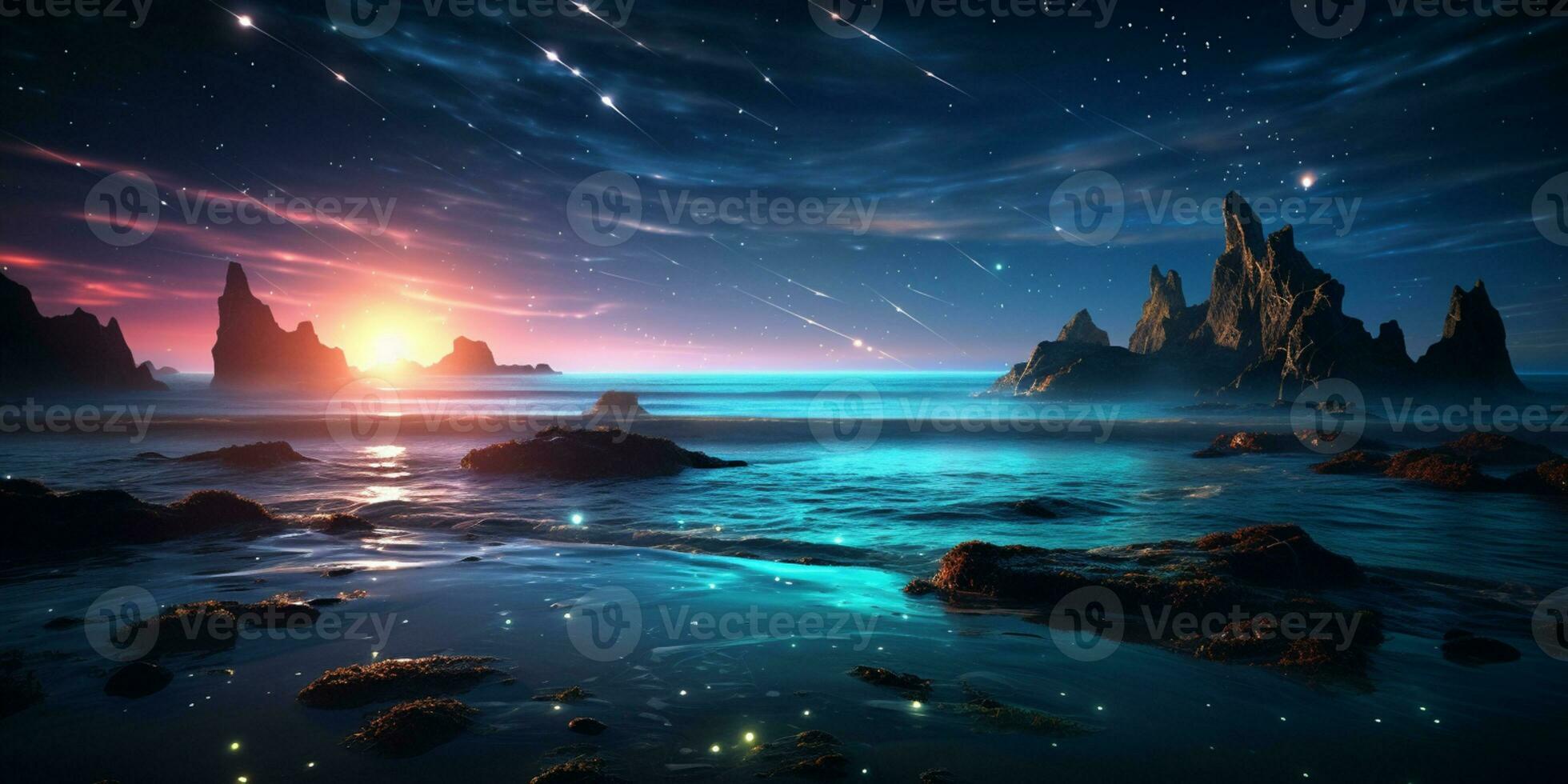 Fantasy seascape, Night view of the ocean, glowing sea, Beautifully starry night sky, dreamy atmosphere, AI Generative photo