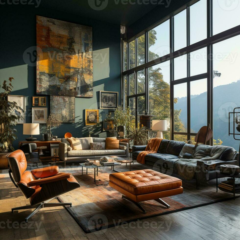 Interior Design modern Living room, windows show stunning view of the city skyline, Apartment room, AI Generative photo