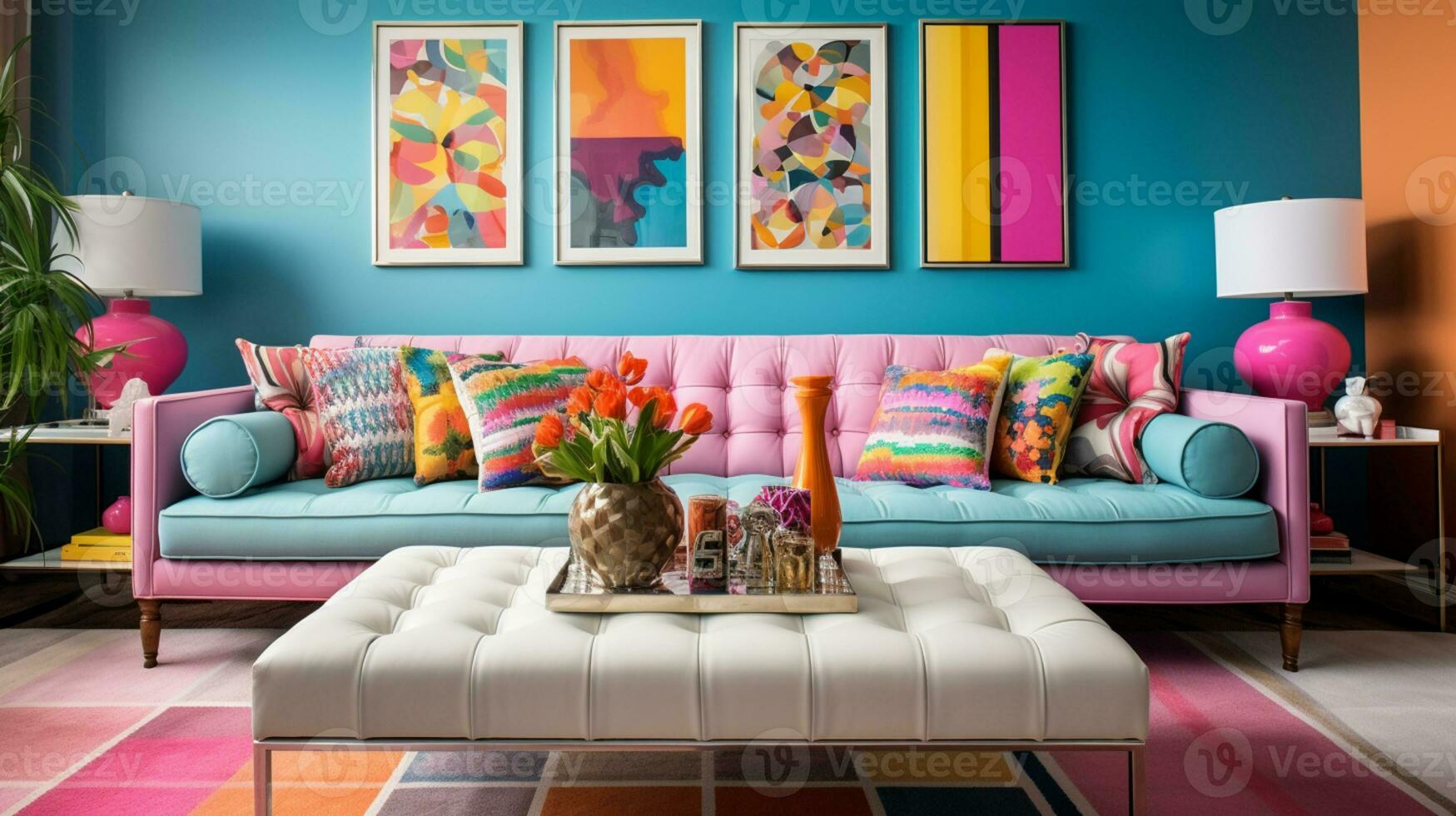 Furnished Modern Living room, bright blue and pink color palette, interior design, AI Generative photo