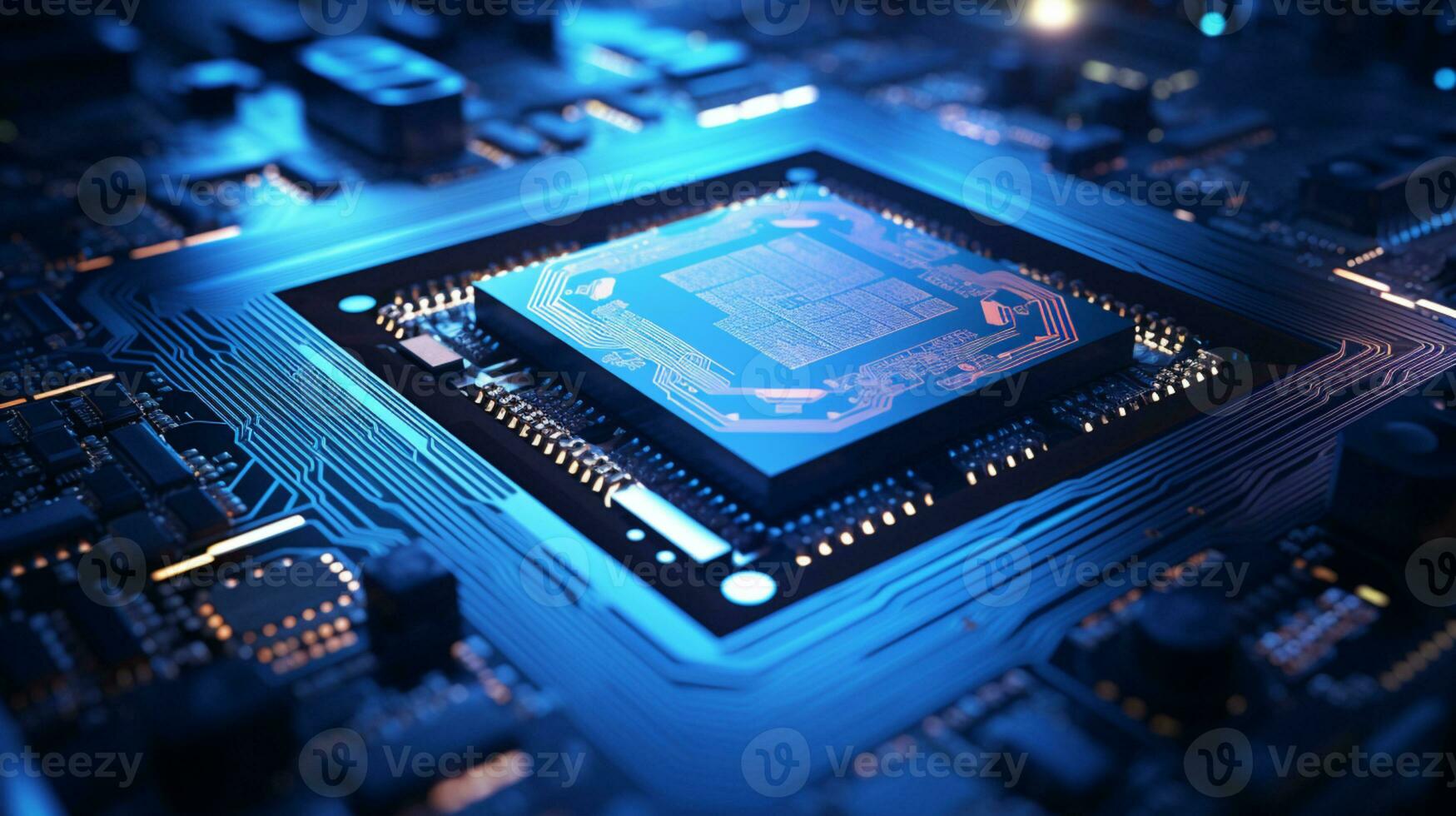 High-tech Computer chip close up shot, production of electronic, circuit board, futuristic design, extreme detail, AI Generative photo