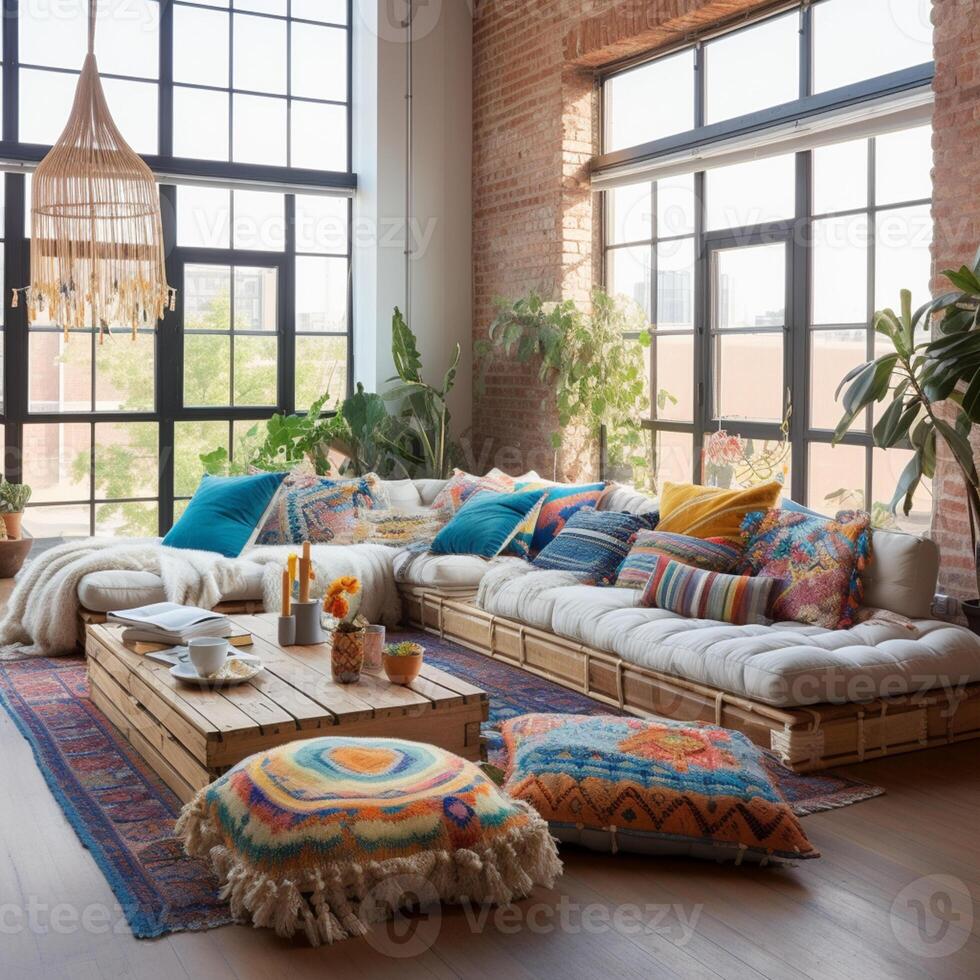 Furnished Modern Living room, bohemian inspired interior design, AI Generative photo