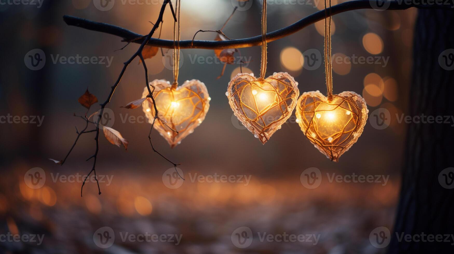 Sparkle Glowing Heart reflected lights, orange and gold, captivating visual, Romantic scenery, dreamy, copy space, greeting card, AI Generative photo