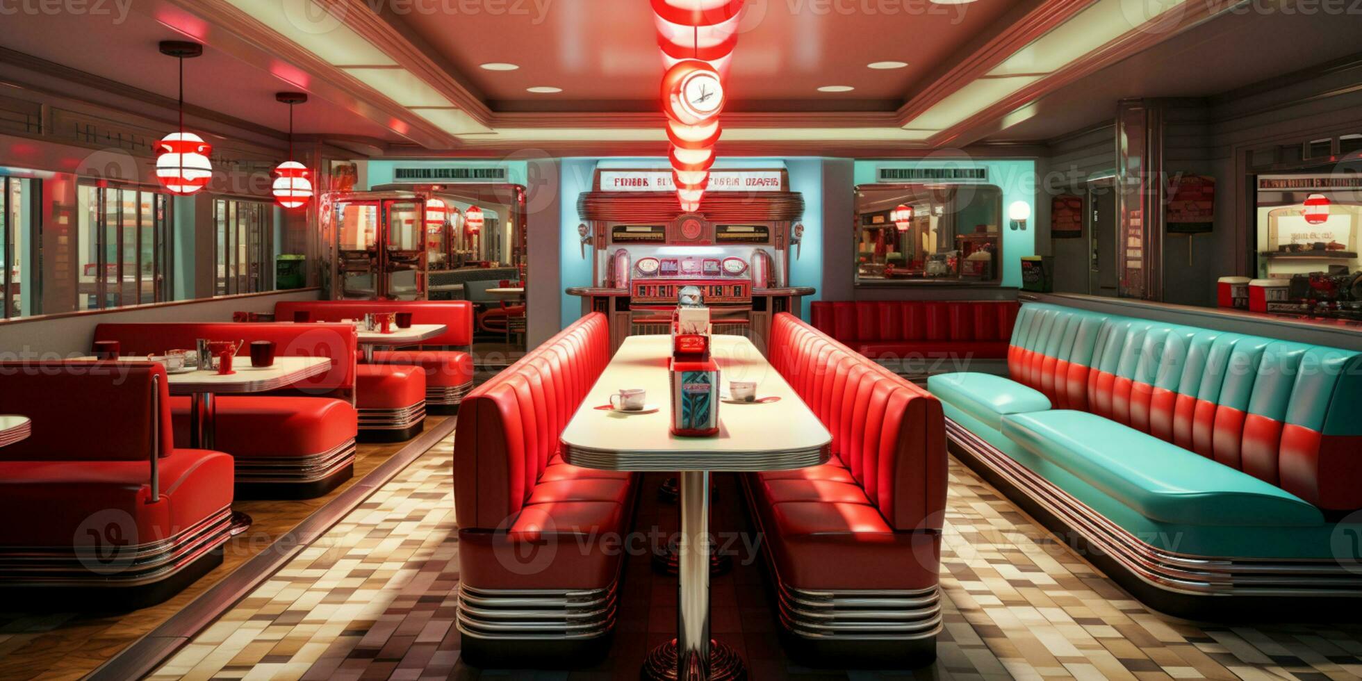 Retro vintage diner restaurant, interior design, stylish old fashioned design concept, AI Generative photo