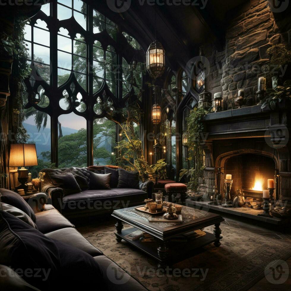 Interior Design, Beautiful Living room Gothic Style, Luxury Mansion, Elegant tall window, AI Generative photo