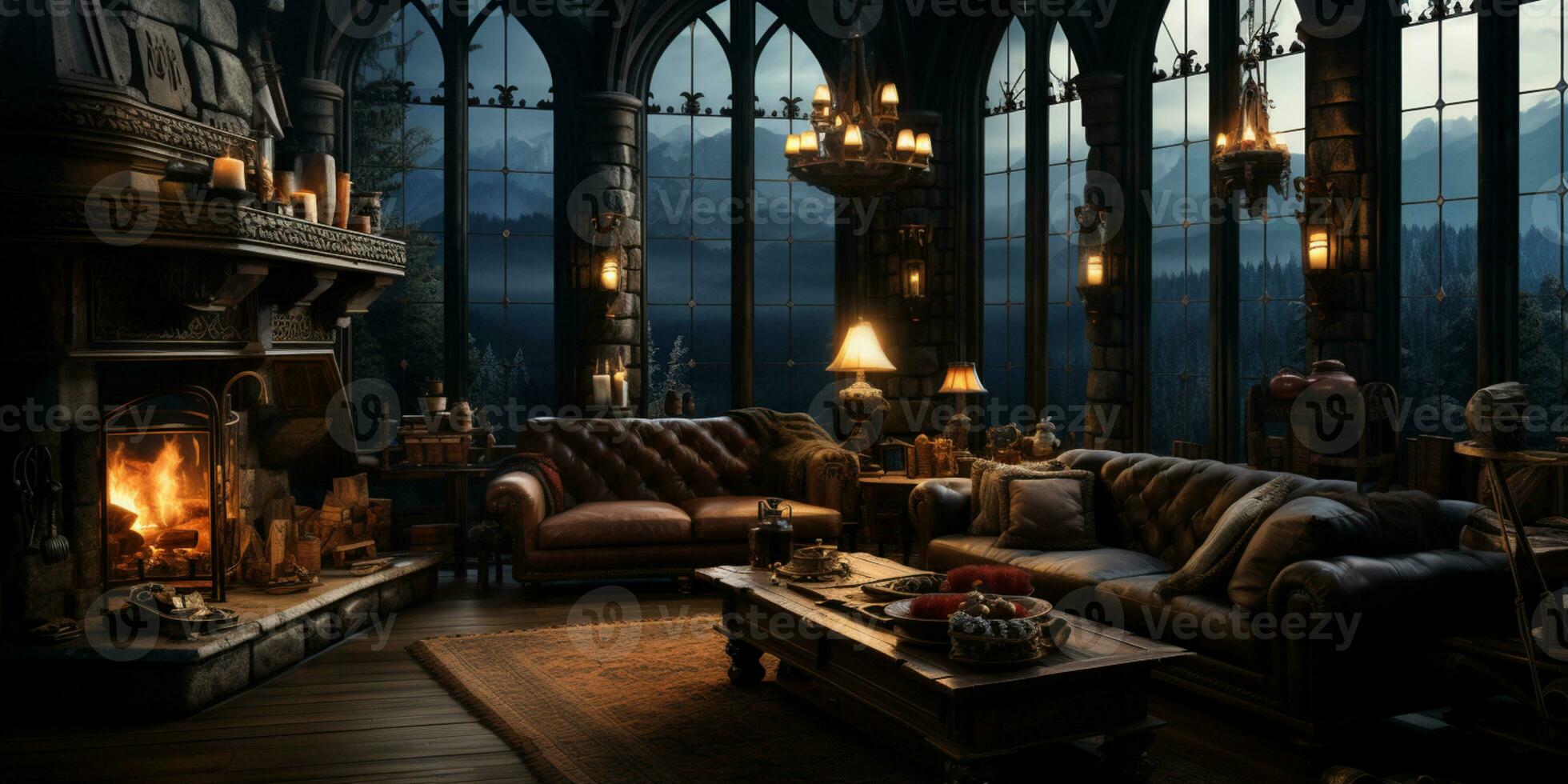 Interior Design, Beautiful Living room Gothic Style, Luxury Mansion, Elegant tall window, AI Generative photo