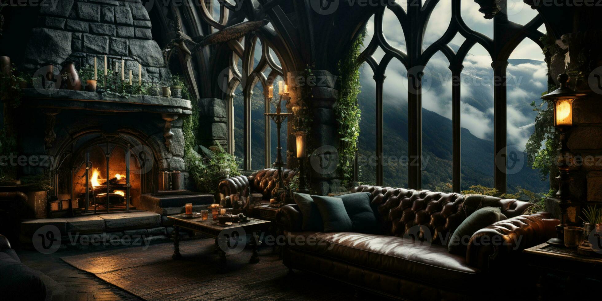 Interior Design, Beautiful Living room Gothic Style, Luxury Mansion, Elegant tall window, AI Generative photo