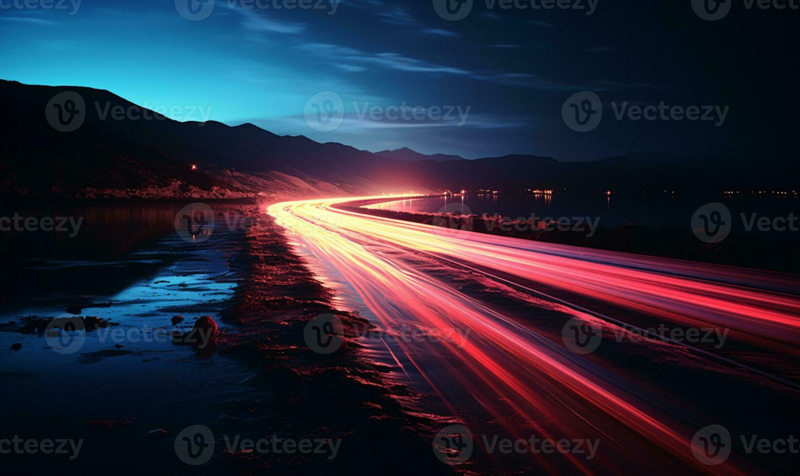 Colorful Car Light Trails, long exposure photo At Night, AI Generative