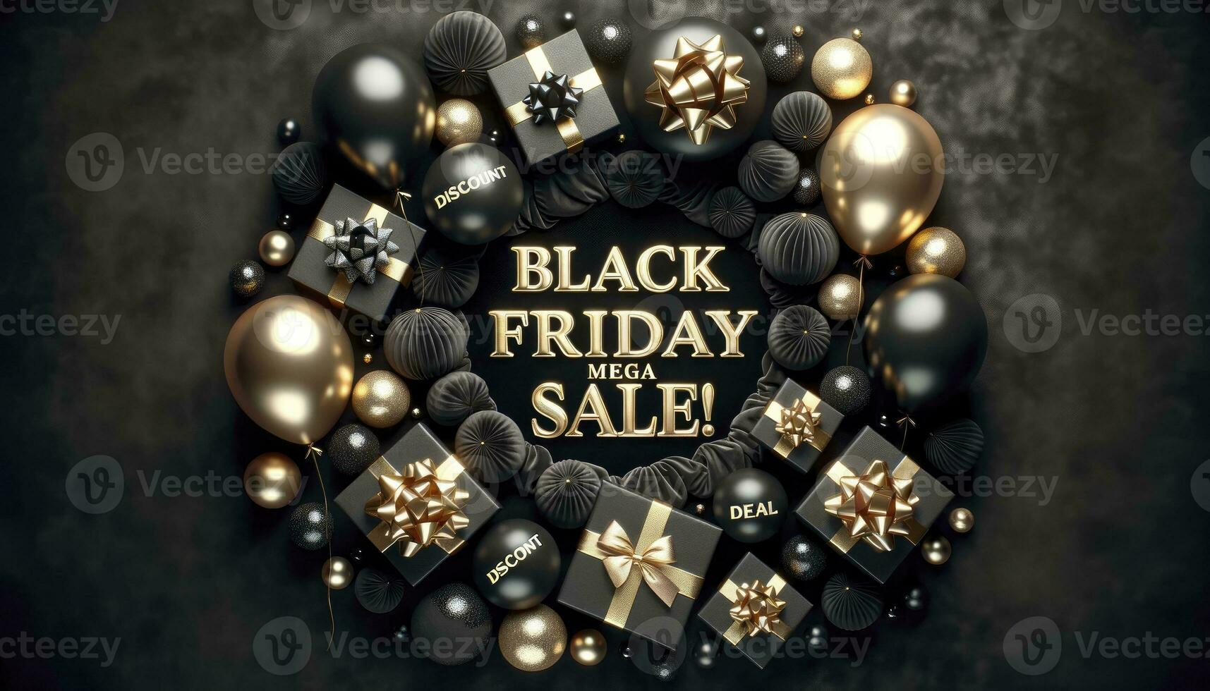 A festive banner with a soft, dark velvet background, adorned with scattered gift boxes and floating balloons. The text Black Friday Mega Sale. AI Generative. photo