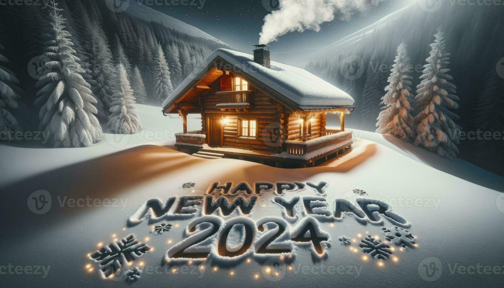 A cozy wooden cabin in a snowy landscape, with Happy New Year 2024 written in the snow in front of it, illuminated by the cabin's ambient light and surrounding lanterns. AI Generated photo