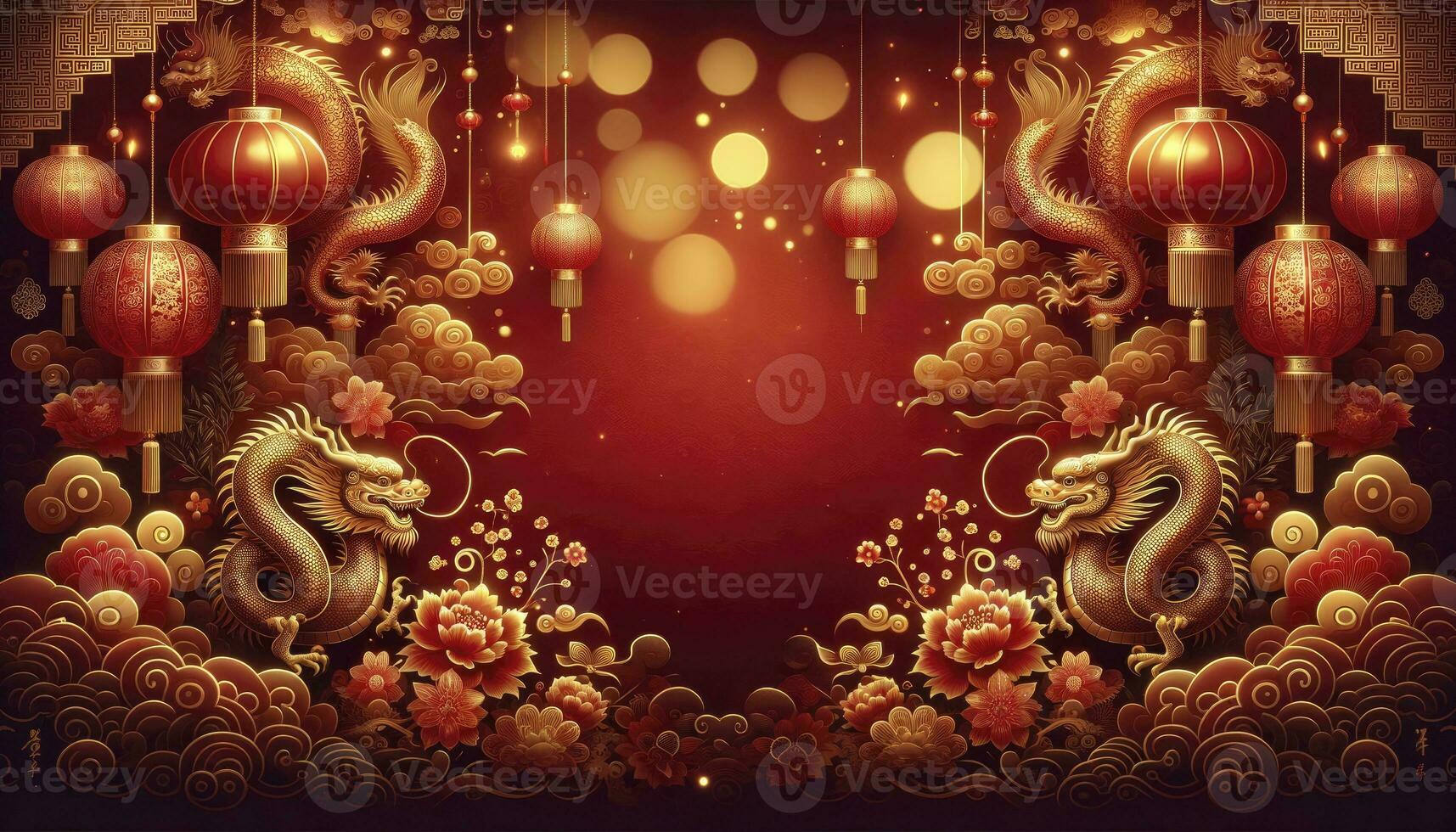 Background for desktop wallpapers or design projects, featuring a deep red gradient with intricate golden patterns of dragons, lanterns, and florals. Bokeh lights add depth and shimmer. AI Generated photo